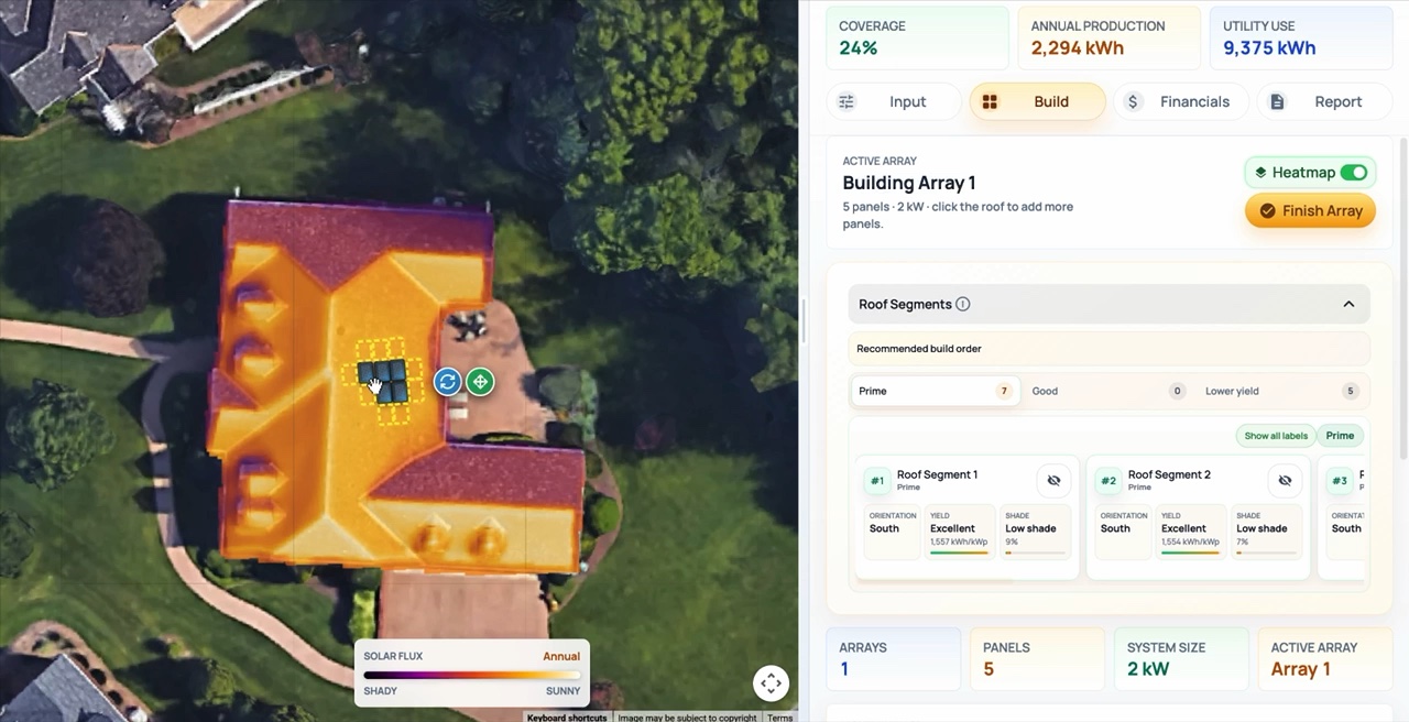 Actual ASSET application showing a solar heatmap, roof segments, and an interactive panel array
