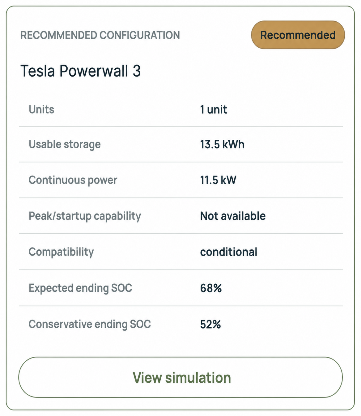 Actual ASSET example recommendation showing battery capacity, continuous power, compatibility, and modeled ending state of charge