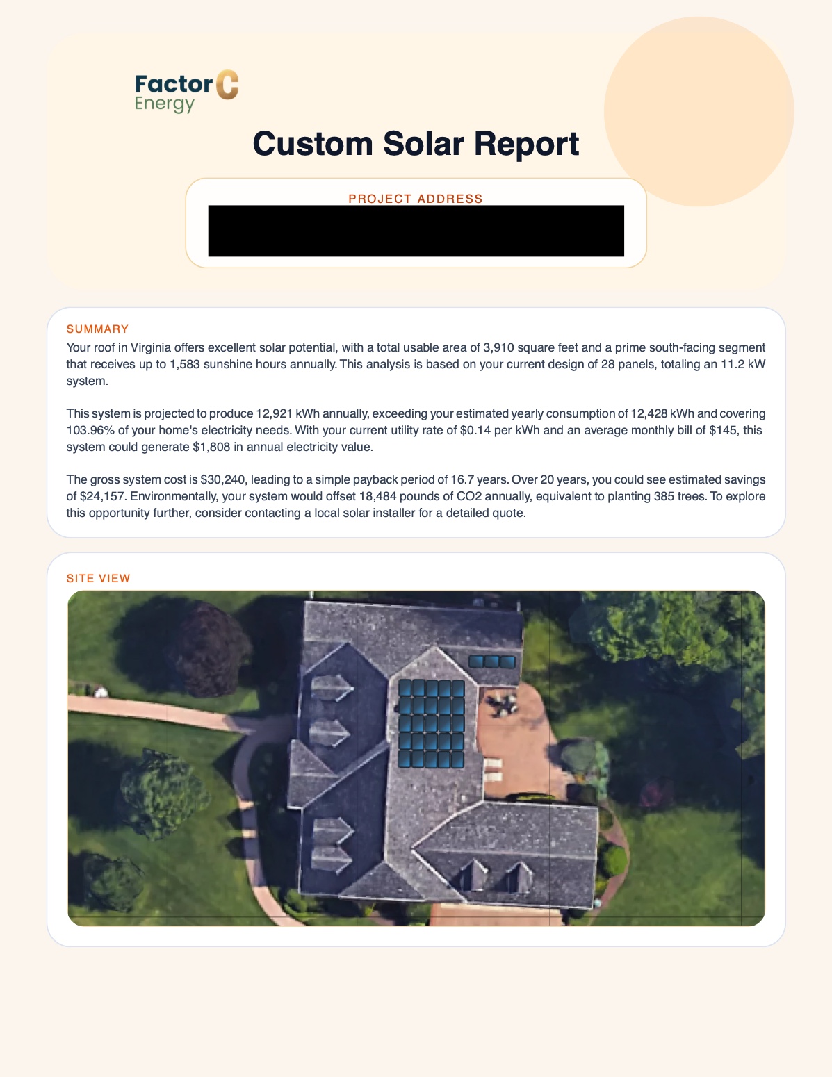 ASSET custom solar report cover with property summary and site view